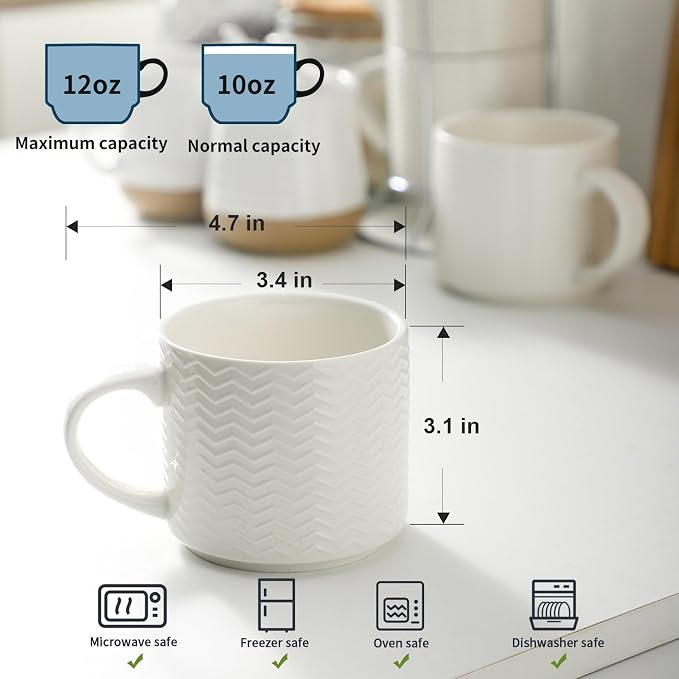 HASENSE 12oz Stackable Coffee Mug Set of 4 with Rack, Embossed White | Ceramic Coffee Mugs, Porcelain Coffee Cups for Latte, Cappuccino,Microwave Dishwasher Safe