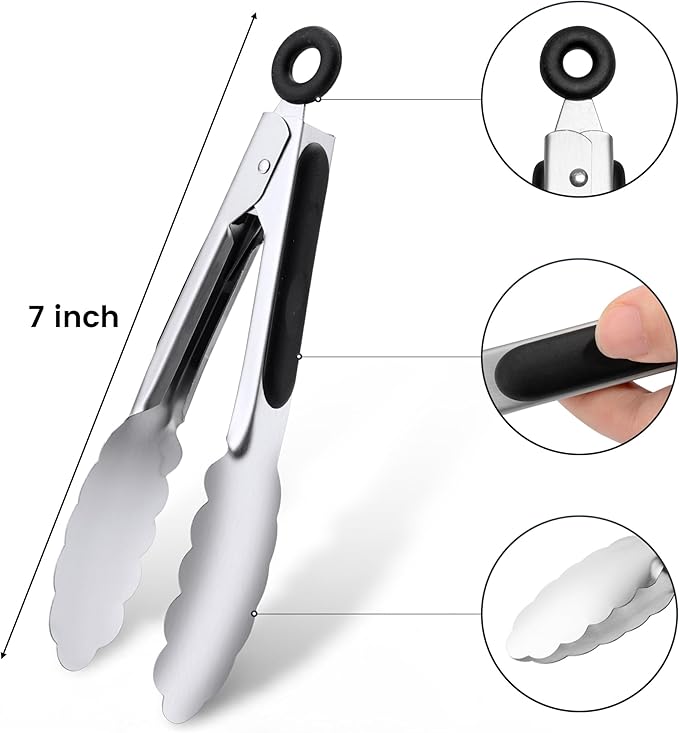 7-Inch Stainless Steel Kitchen Tongs Set, for Cooking Serving (7", 3PCS) | Ice Bucket Tongs | For Salad/Buffet | Heat-Resistant | Dishwasher Safe