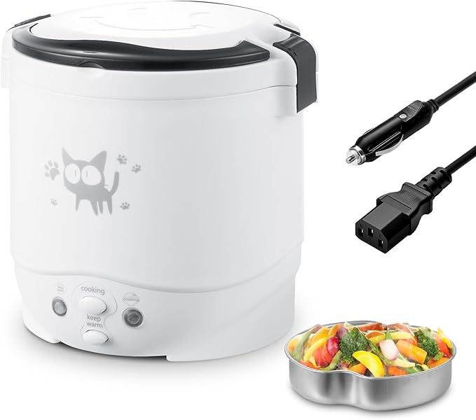 OSBA 12V Rice Cooker for Car 1L Mini Rice Cooker with Steamer, White | 2Cup Portable Travel Rice Cooker for 1-2 People, Cooking Heating & Auto Keeping Warm Function, Used as an Electric Lunch Box
