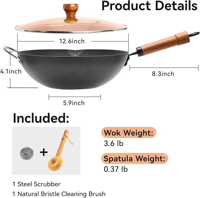 WANGYUANJI Carbon Steel Wok Pan, 12.6 Inch Flat Bottom Stir Fry Pan with Lid, Uncoated Heavy Duty Iron Wok for Induction and Gas Stoves