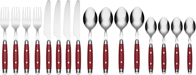 Cambridge Jubilee Red 16-Piece 18/0 Silverware Set for 4, Flatware | red, dishwasher safe | includes knives, forks, and spoons | heavy duty, cutlery set for kitchen and dining, utensil set