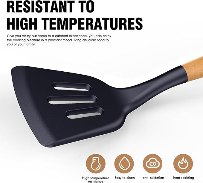 Silicone Cooking Utensils Set - AVGPD Silicone Kitchen Utensils for Cooking Wooden Handles, 446°F Heat Resistant Kitchen Utensil Spatula Sets, Gadgets for Non-Stick Cookware BPA FREE (Navy Blue)