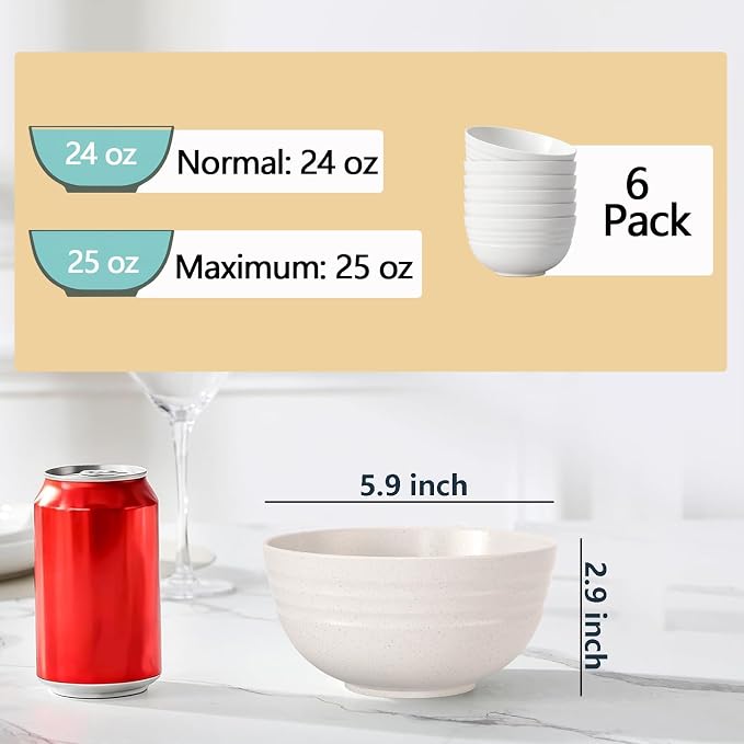 【NOT CERAMIC】Unbreakable Cereal Bowls, 25 OZ Wheat Straw Bowls Microwave and Dishwasher Safe BPA-Free Eco-Friendly Bowl Beige Color for Cereal, Serving ,Soup, Oatmeal, Pasta and Salad（Set Of 6）