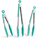 Doosu Kitchen Tongs with Silicone Tips for Cooking Serving (3Pcs, Aqua Sky) | 600°F Heat Resistant Food Tong, Heavy Duty Stainless Steel Locking Tong for BBQ, Grilling Steak, Salad, Toast, Pasta