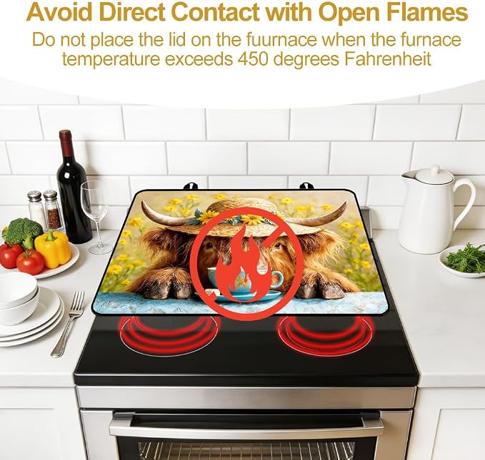 Highland Cow Stove Top Cover 28x20 Inch Farmhouse Electric Stove Cover | Heat Resistant Cooktop Protector Mat with Non-Slip Backing, Scratch Protection and Countertop Drying Mat.