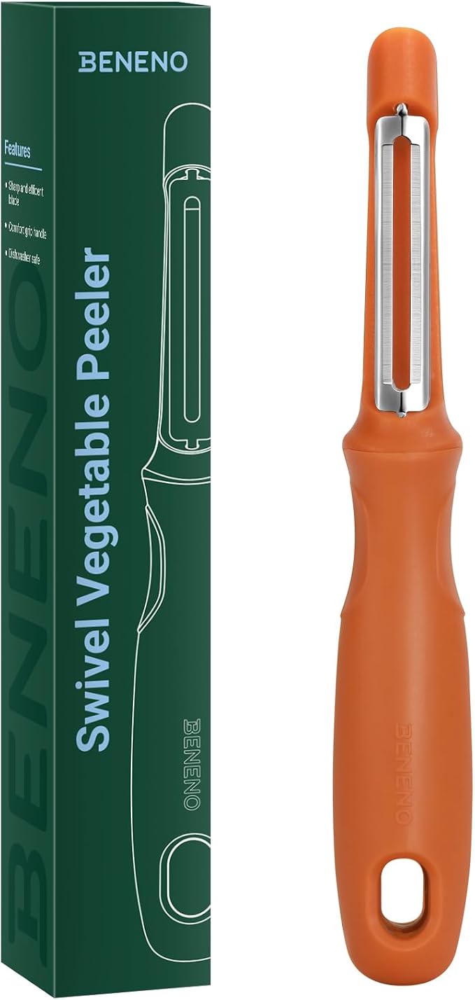 Beneno Swivel Vegetable Peeler, Smooth Peeling Potato Peeler, Orange | Razor-Sharp Stainless Steel Blade, Ergonomic Non-Slip Grip, Built-In Potato Eye Remover, Durable Design for Fruits & Veggies
