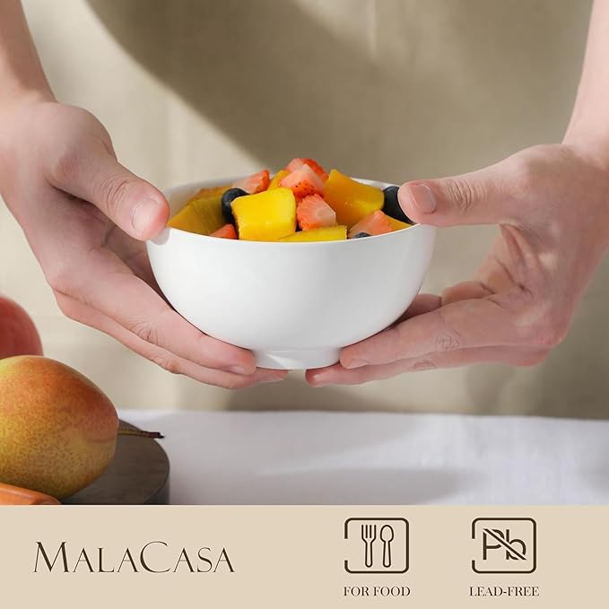 MALACASA 14 Oz Small Ceramic Bowls Set of 8, White Porcelain Bowl for Rice | Perfect for children, dessrt, Side dishes, rice, & ice cream; scratch-resistant, stackable, microwave, oven & dishwasher safe