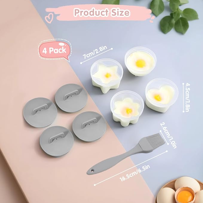 Egg Poacher Cups, 4 Pcs Poached Egg Cooker, Gray | 4 reusable egg molds with lid & brush, 4 shapes, easy release, for boiled eggs without shell