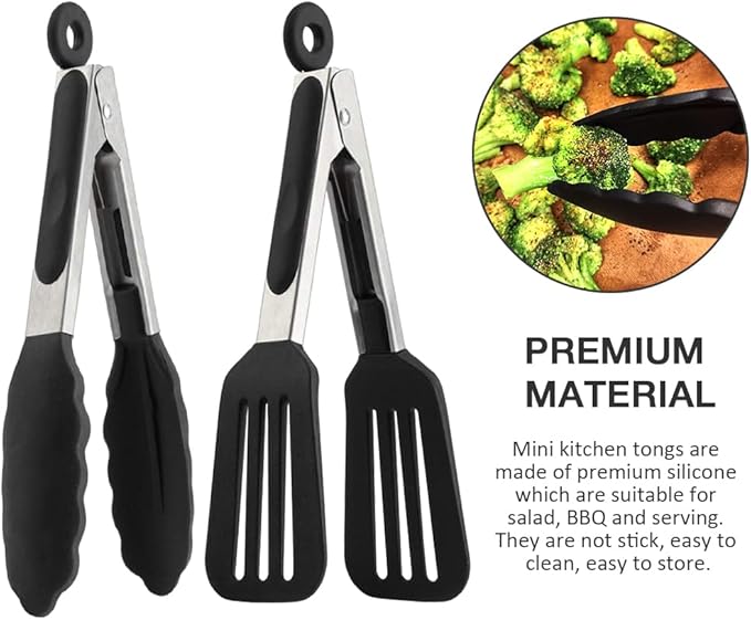 7 Inch Mini Silicone Serving Tongs with Silicone Tips Set of 2 | Stainless Steel Handle, Non-Scratch, Heat Resistant