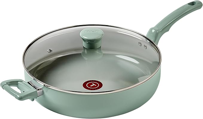 T-fal Refresh Ceramic Nonstick Skillet with Lid, 5 Qt Saute Pan, Mint Green | Recycled aluminum body, Thermo-Spot heat indicator, Oven safe to 350°F, Helper handle, Excludes induction cooktops