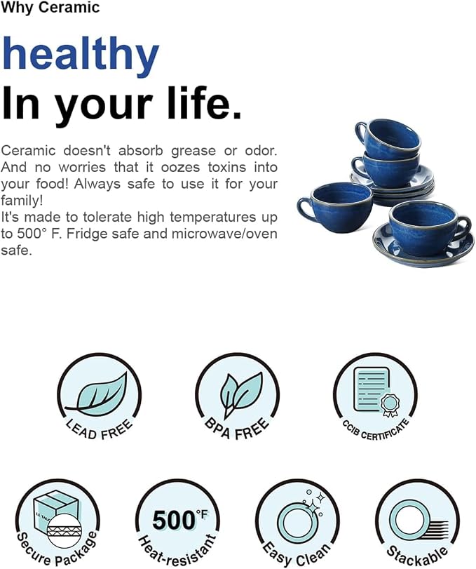 LE TAUCI 8 oz Cappuccino Cups with Saucers, Set of 4, Large Ceramic Coffee Cup Set for Au Lait, Flat White, Latte, Cafe Mocha, Tea, Embossed - Ceylon Blue