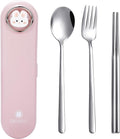 DEVICO Travel Utensils with Case Cute, Reusable Silverware for Lunch, 4Pcs Portable Cutlery Set, 18/8 Stainless Steel Fork Spoon Chopsticks in Cartoon Case, Dishwasher Safe (Pink)