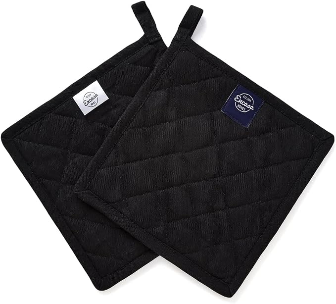 Encasa XO Pot Holders, Quilted Kitchen Hot Pads 8"x8" | Full Black, 100% Cotton | Heat Resistant | Hanging Loop | Multipurpose Trivets | Machine Washable | Set of 2