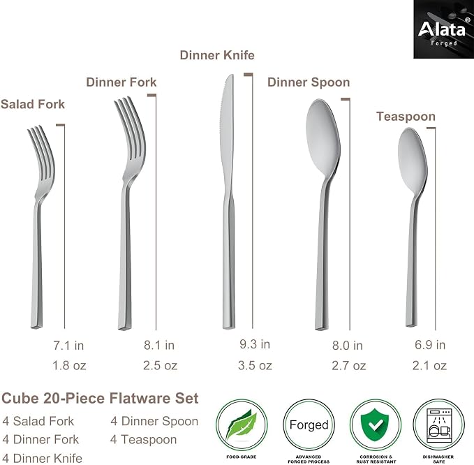 Alata Cube 20-Piece Forged Flatware Set, Service for 4, Mirror Finish | 18/0, Stainless Steel, Dishwasher Safe, Square Handle, Silverware Set, Cutlery Set, Daily Use, Party, Present, Restaurant