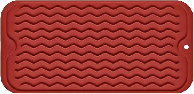 Silicone Dish Drying Mat, Non-Slip Easy Clean Sink Mat, Red, 12" x 6" | Quick-Dry Ridges, Large Heat-resistant Dish Drainer Mat for Kitchen Counter, Hangable & Roll-Up for Storage, Dishwasher Safe