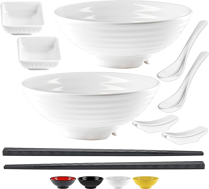 Noodle Bowls Set - large 32oz Ramen Bowl Set for authentic Asian Cuisine - comes with Dipping Bowls, Spoons and Chopstick Stands. Enjoy Thai Miso, Udon or Wonton (2 Bowl Set, White)
