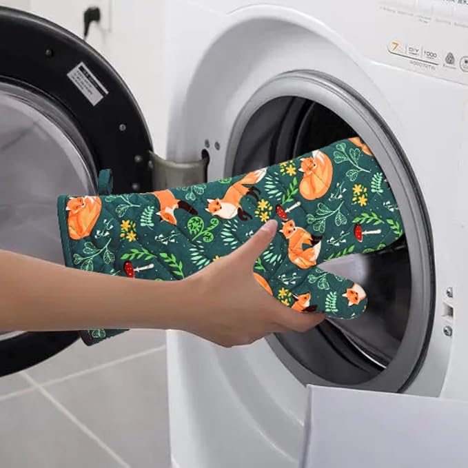 Oven Mitts Cotton Fashion Cute Fox Design 1 pair Heat Resistant Oven Gloves Safe Cooking Baking Grilling Barbecue Machine Washable (fox, oven mitts)