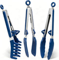 9" Kitchen Tongs for cooking with Silicone Tips, 3Pcs Serving Tongs, Blue | Small Silicone Tongs mit kickstand, Food Grade, 3 different type of tongs, Stainless Steel