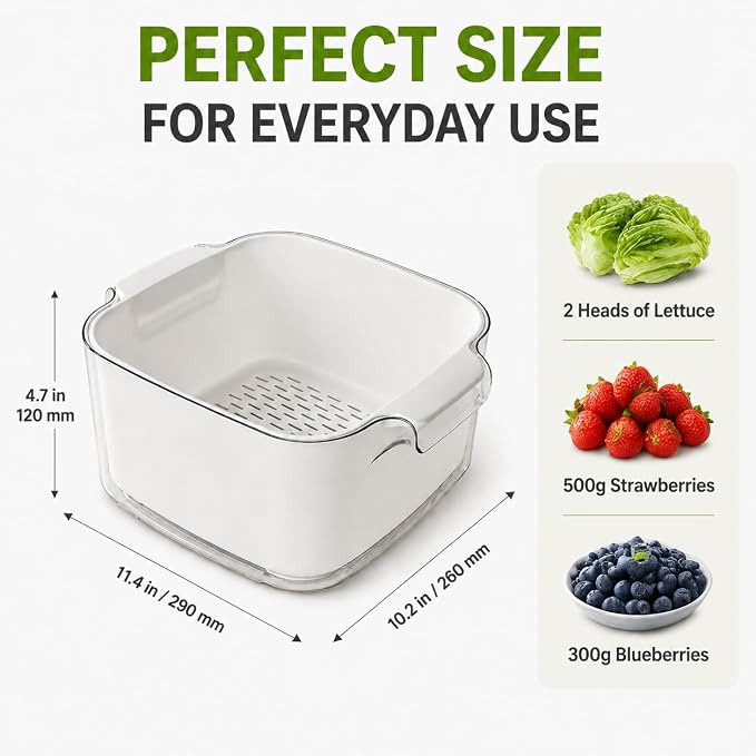 Double Layer Draining Basket for Kitchen, Fruit & Vegetable Washing Colander with Water Catch Tray, Food Grade Drain Basket, Large Capacity Produce Washer, Kitchen Strainer Bowl, Easy to Clean