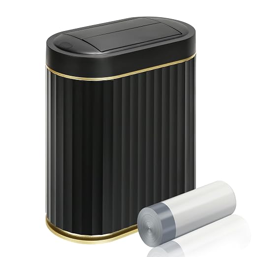 ELPHECO Motion Sensor Bathroom Trash Can with Lid 2 Gal Automatic Trash Can | Butterfly Lid, Room Decor Bathroom Accessories, Motion Sensor Wastebasket Garbage Can, Kitchen Living Room Office, Black Gold