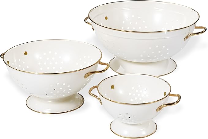 Metal Colander Set of 3, Strainer Basket with Handles perfect for Spaghetti, Pasta, Berry, Vegetable, Fruit, Solid Base Powder Coated Kitchen Essential Strainer Set, 1 & 3.5 & 5 Qt (Cream)