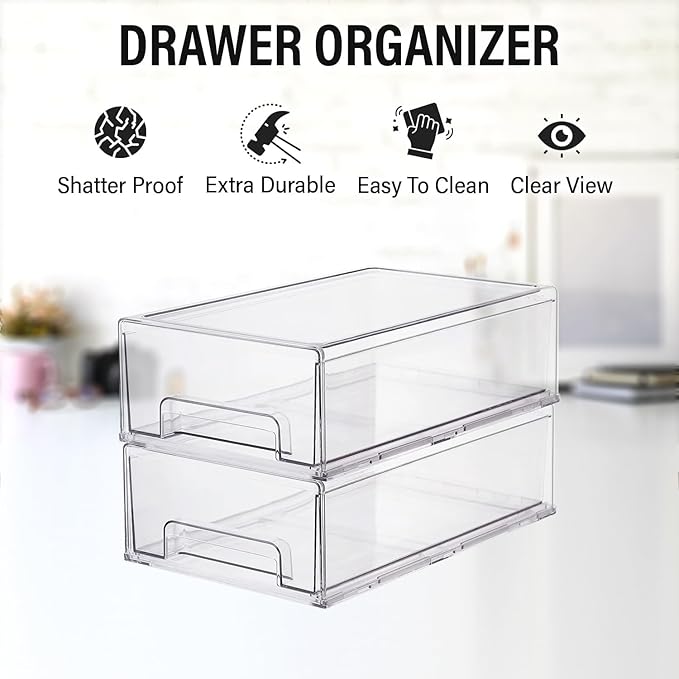 Clear Plastic Storage Drawer Organizer Bins, Perfect for Kitchen Organization or Pantry Organization and Storage, Fridge Drawer Organizer Bins, Pantry Storage and Organization Bins