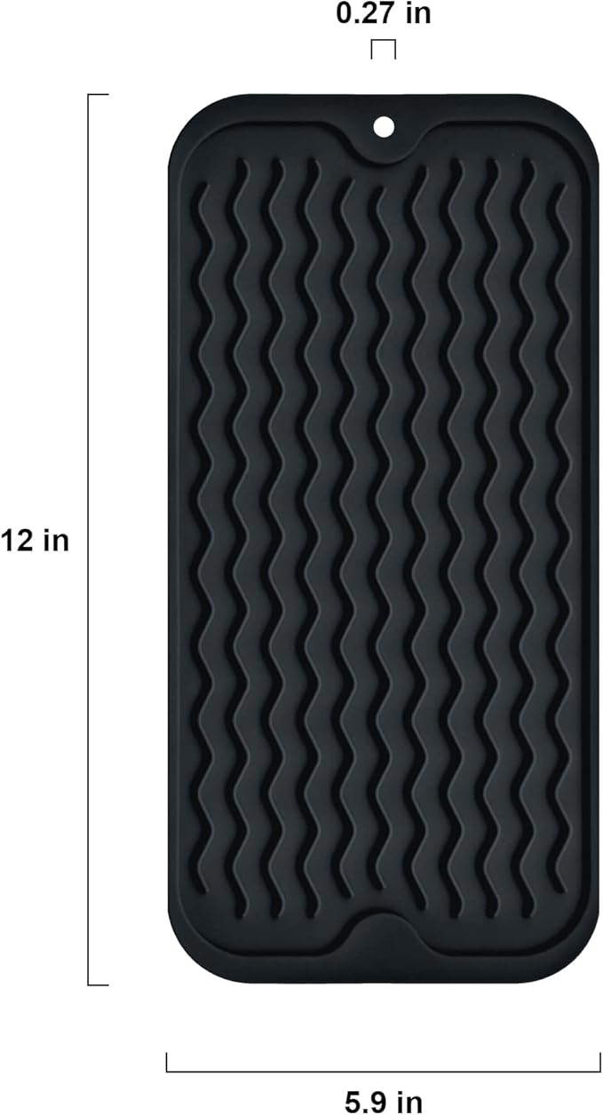 Silicone Dish Drying Mat, Non-Slip Easy Clean Sink Mat, Black, 12" x 6" | Quick-Dry Ridges, Large Heat-resistant Dish Drainer Mat for Kitchen Counter, Hangable & Roll-Up for Storage, Dishwasher Safe
