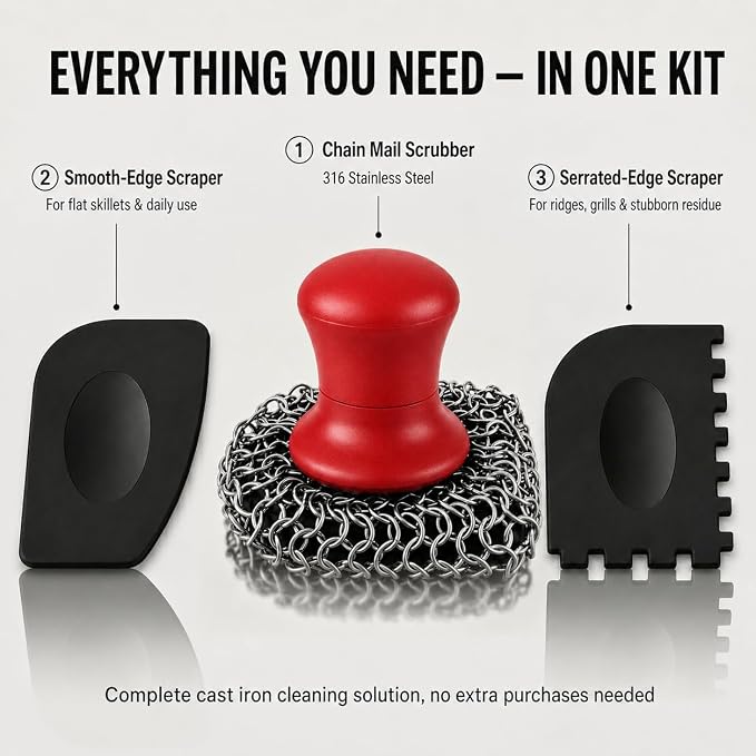 Cast Iron Scrubber and Scraper | 316 Chainmail Scrubber for Cast Iron Pan | Chain Mail Scrubber for Cast Iron Skillet Cleaner | Dishes Pots Wok Griddle Grill | Dish Scouring Pad Dishwasher Safe, Red1