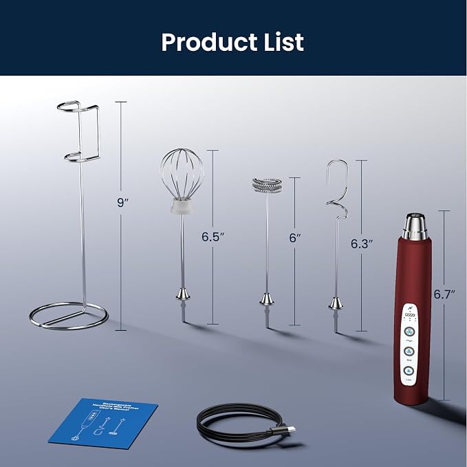 Milk Frother Wand Rechargeable Handheld Electric Whisk 3 Speed Adjustable | Coffee Frother Wand with 3 Stainless Whisks Electric Foam Maker Drink Mixer Blender for Latte Cappuccino Matcha Egg