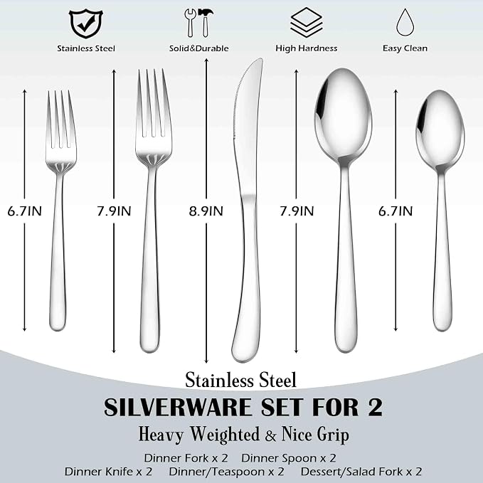 E-far Heavy Duty Silverware Set for 2, 10-Piece Stainless Steel Flatware Cutlery Set, Mirror Polished & Dishwasher Safe - Includes Spoons and Forks Knives Ideal for Home Kitchen