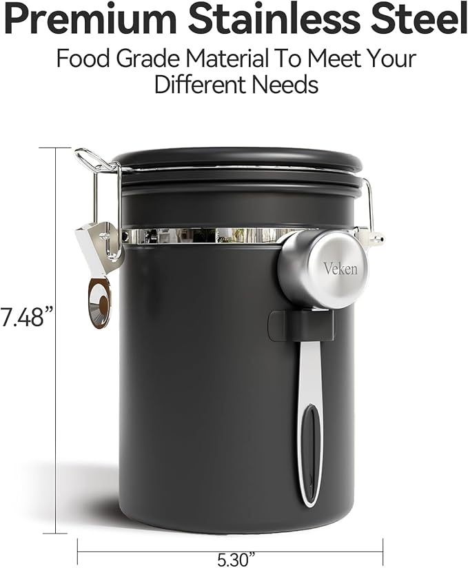 Veken Coffee Canister with Window, Airtight Stainless Steel Container, 22OZ | Kitchen Food Storage Pantry Organizers for Beans,Ground,Espresso,Rice,Tea,Sugar,Bar Accessories,Gifts,Lids,Jars, Scoop, Black