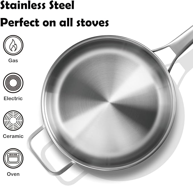 VocVoi Stainless Steel Pan with Lid, 6 QT Stainless Steel Saute Pan, 12 Inch Frying Pan, PFOA & PTFE Free, Tri-Ply Skillet, Stainless Steel Pot, Dishwasher & Oven Safe, Works on All Cooktops