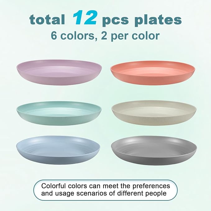 HEYCOME 12 Pcs Unbreakable Deep Dinner Plates Set, 9 inch Reusable Plastic Wheat Straw Plates, Microwave and Dishwasher Safe Plate for Kitchen, Lightweight Plate for Dessert, BPA Free, 6 Colors
