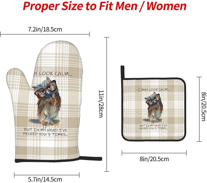 Funny Owl Oven Mitts and Pot Holders Sets of 3 Kitchen Hot Pads | Cute Buffalo Plaid Oven Gloves Heat Resistant Washable for Cooking Grilling Baking Holiday Kitchen Decor