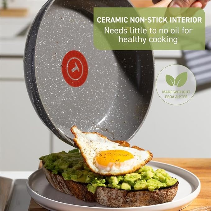 T-fal Revive Ceramic Nonstick Skillet with Lid, 6 Qt, Forged, Oven Safe | Recycled aluminum body, Thermo-Spot heat indicator, Vented glass lid, Simmers and sautes large batches, No induction