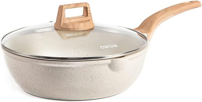 CAROTE 12 Inch Nonstick Deep Frying Pan with Lid, 5.5 Qt | Kitchen Non-Toxic PTFE & PFOA Free Cookware, Covered Skillet All Stovetops Compatible , White Granite