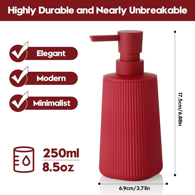 YAUKPH Small Soap Dispenser for Bathroom and Kitchen Matte Red | Modern Farmhouse Striped Style Plastic Hand Soap Dish Soap Dispenser with Pump