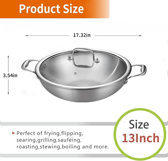 DELARLO Tri-Ply Stainless Steel Flat Bottom Wok, 13 Inch Braiser Pan with Lid, Durable Large Frying pan, Fast Even Heat Saute Pan, Non Toxic Pan for Cooking, Oven Broiler Safe 600F(Not lids)