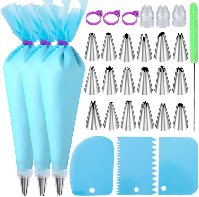 Piping Bags and Tips Set, Cakes Decorating Kit Reusable, Pastry Bags | 3 Reusable Pastry Bags, 18 Frosting Tips, 3 Couplers, 3 Bag Ties, 3 Cake Scraper, 1 Cake Decorating Tools for Cookie Icing