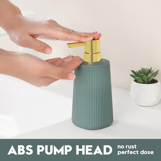 YAUKPH Small Soap Dispenser for Bathroom and Kitchen Matte Green and Gold | Modern Farmhouse Striped Style Plastic Hand Soap Dish Soap Dispenser with Pump