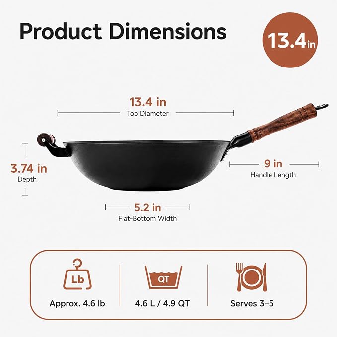 WANGYUANJI Cast Iron Wok Pan with Wooden Lid, 13.4 Inch Flat Bottom Chinese Stir Fry Wok, Textured Uncoated Large Wok for Induction, Gas, Electric & Ceramic Stoves, Seasoning Recommended | Uncoated cast iron wok with wood lid for induction, gas and ele...