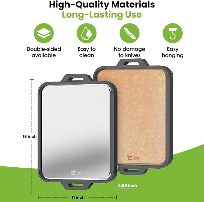 Titanium Cutting Board for Kitchen, Double Sided Pure Titanium & Wood Fiber | Non‑Slip Platinum Silicone Edge, Juice Groove, for Chopping Meat/Vegetables/Fruit Dishwasher Safe, 16"×11"