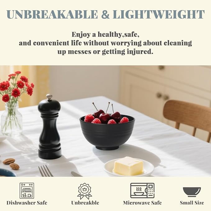 Wheat Straw Small Bowl Set of 8, Unbreakable Dessert Bowl - 10 OZ, Wheat Straw Mini Bowls for Kitchen, Kids, Microwave and Dishwasher Safe Bowls for Snack, Appetizer, Ice Cream (Black)