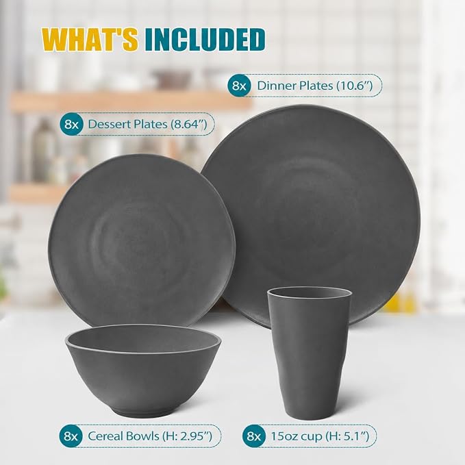 Teivio 32-Piece Plates and Bowls Sets for 8, Irregular Gray Dinnerware Sets | Irregular Cups, Plastic Wheat Straw Unbreakable Dish Set, Dishwasher Safe, for Outdoor Camping RV Essentials Plate Set