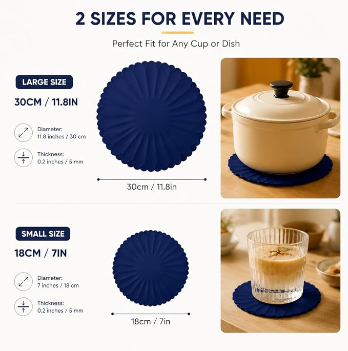 Heat-Resistant Silicone Trivet Mats, Non-Slip Hot Plate Holder for Kitchen Countertops & Dining Table, Reusable Pot Holder Pad with Secure Grip, Dishwasher Safe (Blue, Diameter: 18cm/7.09")