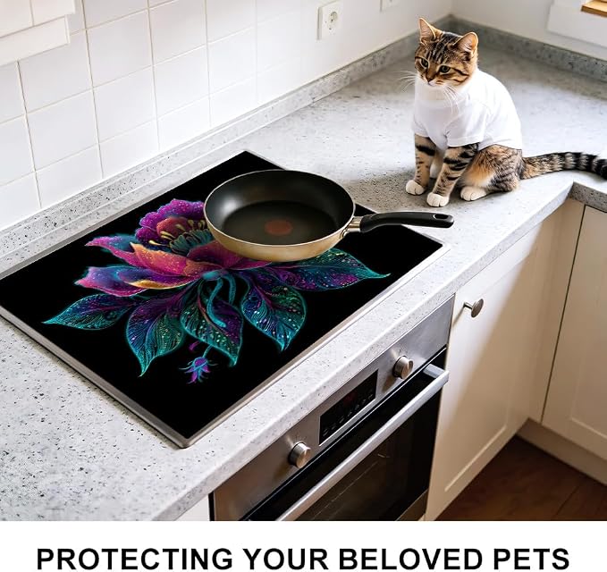 Boho Floral Stove Top Cover 28x20 Inch Glass Stove Cover | Heat Resistant Cooktop Protector Mat with Non-Slip Backing, Scratch Protection and Countertop Drying Mat.