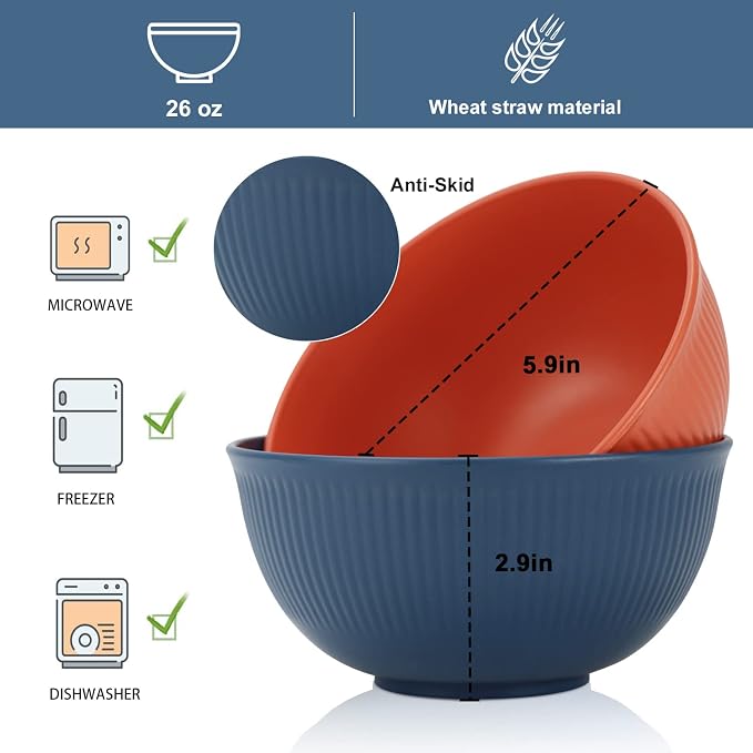 Wheat Straw Bowls Set of 8, Microwave Safe Bowls for Kitchen 26 OZ | Alternative Plastic Bowls Reusable, Unbreakable Cereal Bowl Dishwasher Safe for Camping,Apartment,Dorm,RV,Party, Colorful