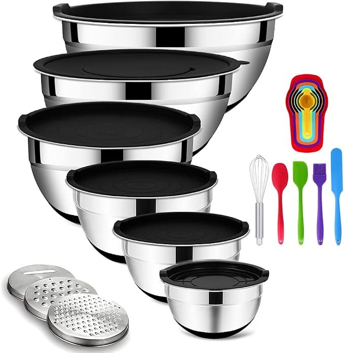 Rottay 20PCS Stainless Steel Mixing Bowls with Airtight Lids Set | Includes 3 Grater Attachments and Non-Slip Bottoms with Size 7, 4, 3, 2, 1.5, 1QT Nesting Bowls for Baking, Meal Prep