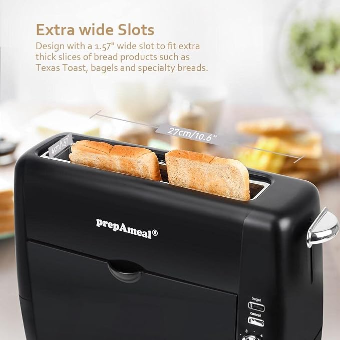 Long Slot Toaster 2 Slice Wide Slot Bread & Bagel Toaster (Black) | 1400W Slim Toaster, Thin & Compact Toaster, Removable Crumb Tray, 6 Shade Settings