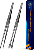 JETKONG 2 Pcs 10-Inch Kitchen Tweezers Tongs with Precision Serrated Tips, Stainless Steel Chef Tweezer Professional Cooking Tweezers for BBQ, Plating and Serving (10-Inch, Black)